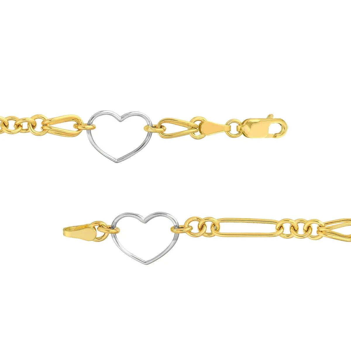 14K Two Tone Gold Heart and Link Station Bracelet