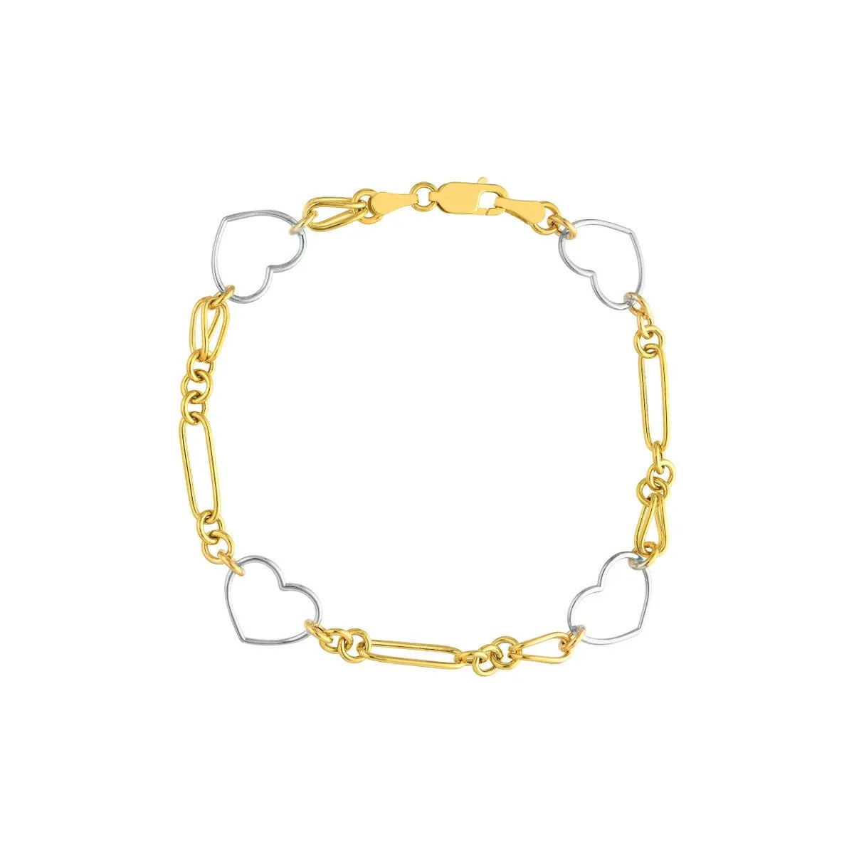 14K Two Tone Gold Heart and Link Station Bracelet