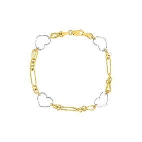 14K Two Tone Gold Heart and Link Station Bracelet