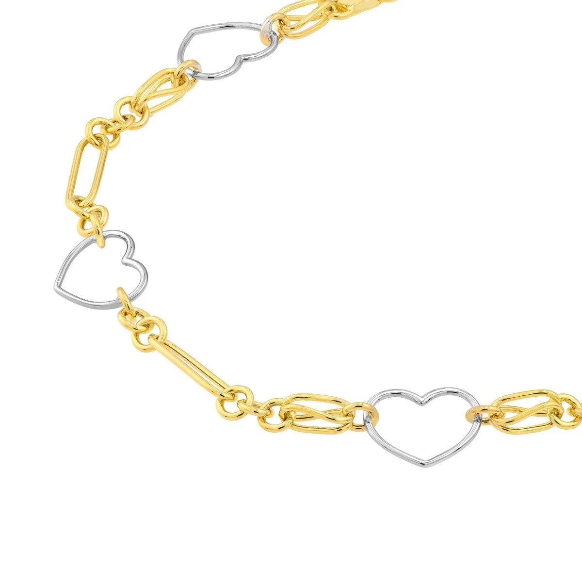 14K Two Tone Gold Heart and Link Station Bracelet