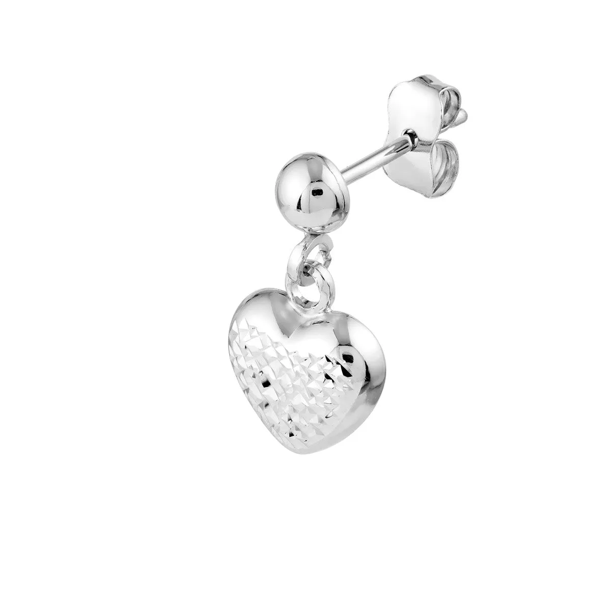 14K White Gold Diamond-Cut Puffed Heart Dangle Earrings