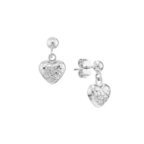 14K White Gold Diamond-Cut Puffed Heart Dangle Earrings