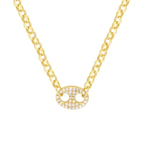 14K Yellow Gold Diamond Puff Link on Rolo Necklace