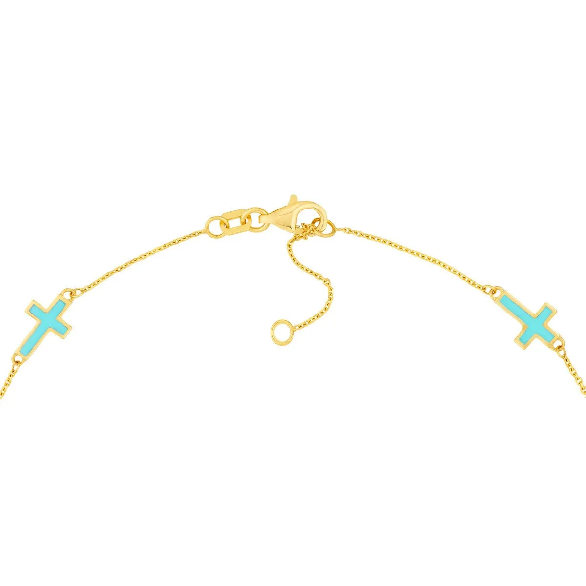 14K Yellow Gold Lt.Turquoise Enamel Crosses Station Bracelet