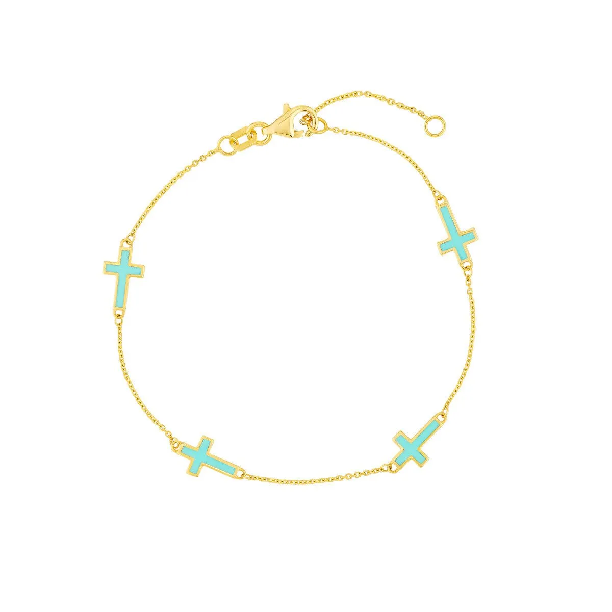 14K Yellow Gold Lt.Turquoise Enamel Crosses Station Bracelet