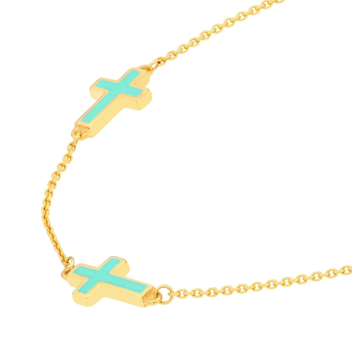 14K Yellow Gold Lt.Turquoise Enamel Crosses Station Bracelet