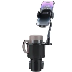 2 In 1 Car Cup Phone Holder Automotive Drink Holder with 360° Rotating Gooseneck Phone Mount Adjustable Base Fit for Most Phones Cups Vehicles - Black