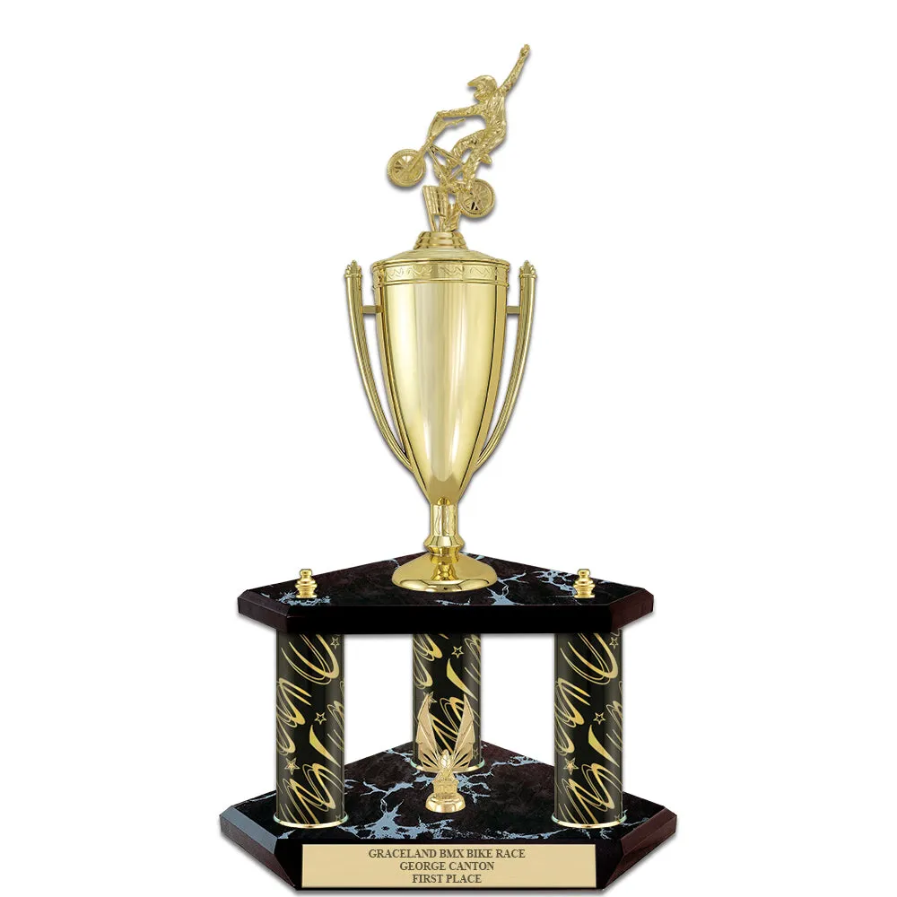 20" Custom 3 Column Black Base Award Trophy With Loving Cup & Trim