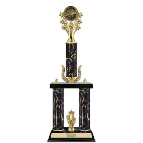 20" Custom 3 Column Black/Gold Award Trophy w/Wreath, Trim & Insert Top