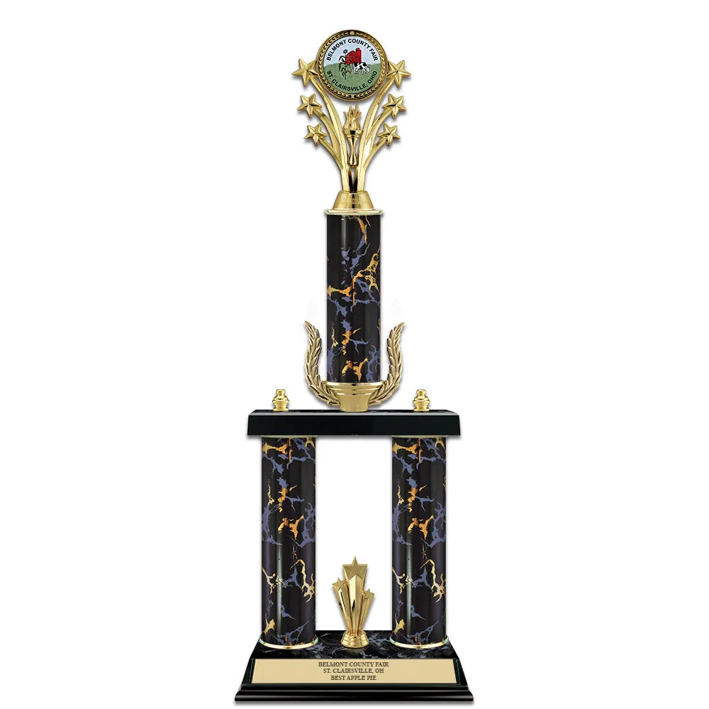 20" Custom 3 Column Black/Gold Award Trophy w/Wreath, Trim & Insert Top