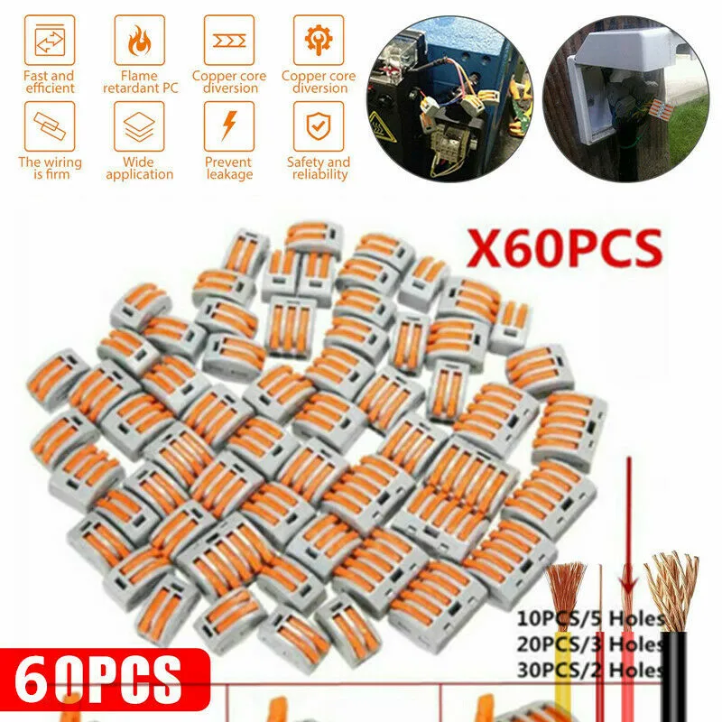 60Pcs ForWago 222 Electrical Connectors Wire Block Clamp Terminal Cable Reusable