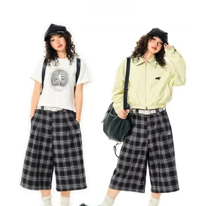 Amozae-Vintage Plaid Casual Trousers Loose-fit American Style Streetwear For Men Women Summer 2024 Trendy Versatile Wide-legged