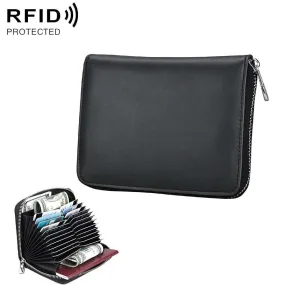 AMZER Anti-Magnetic RFID Multi-functional Genuine Leather Credit Card Wallet,Purse with Zipper for Women, Men - Black