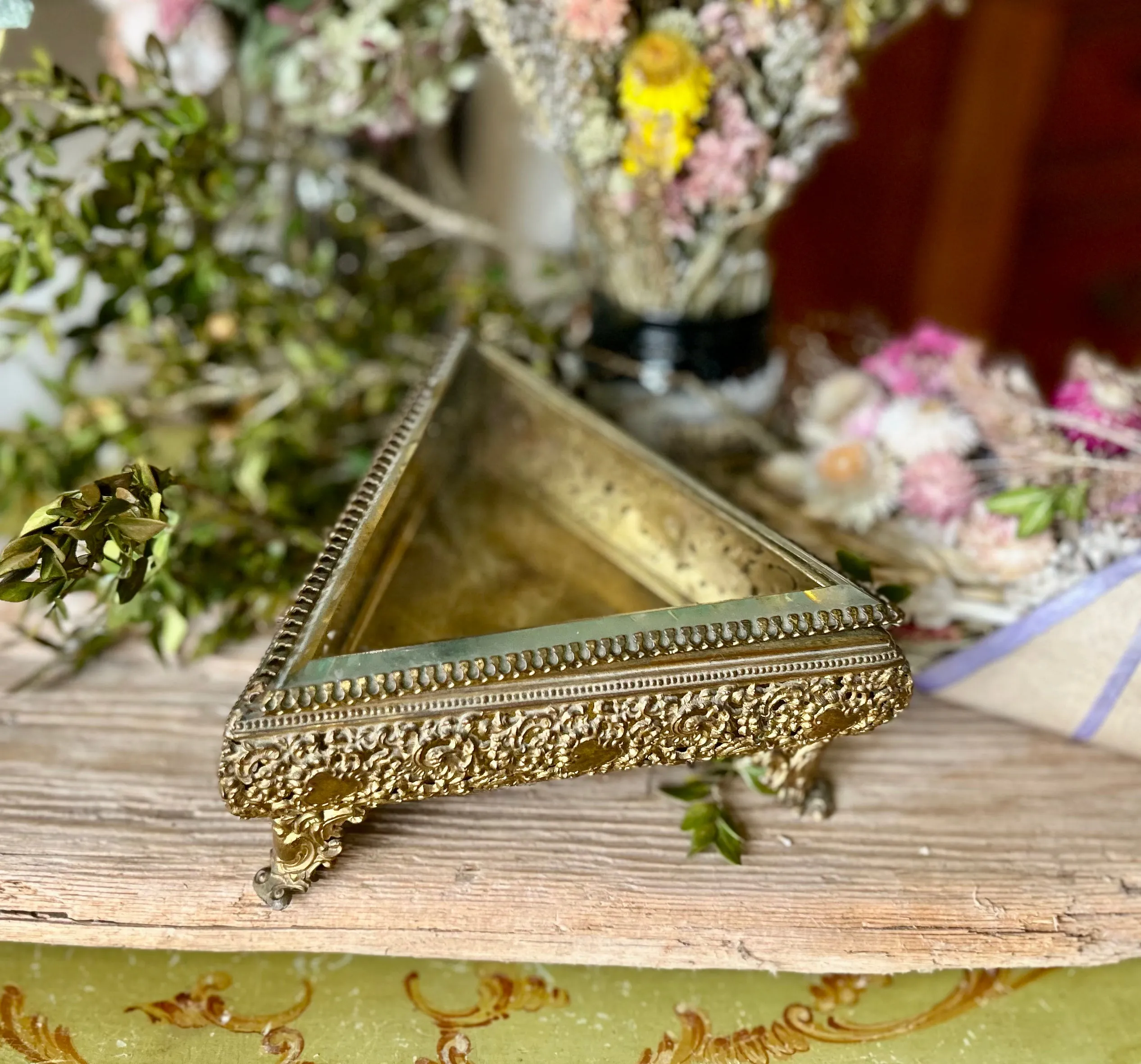 Antique Triangle Beveled Glass Rare Jewelry Box