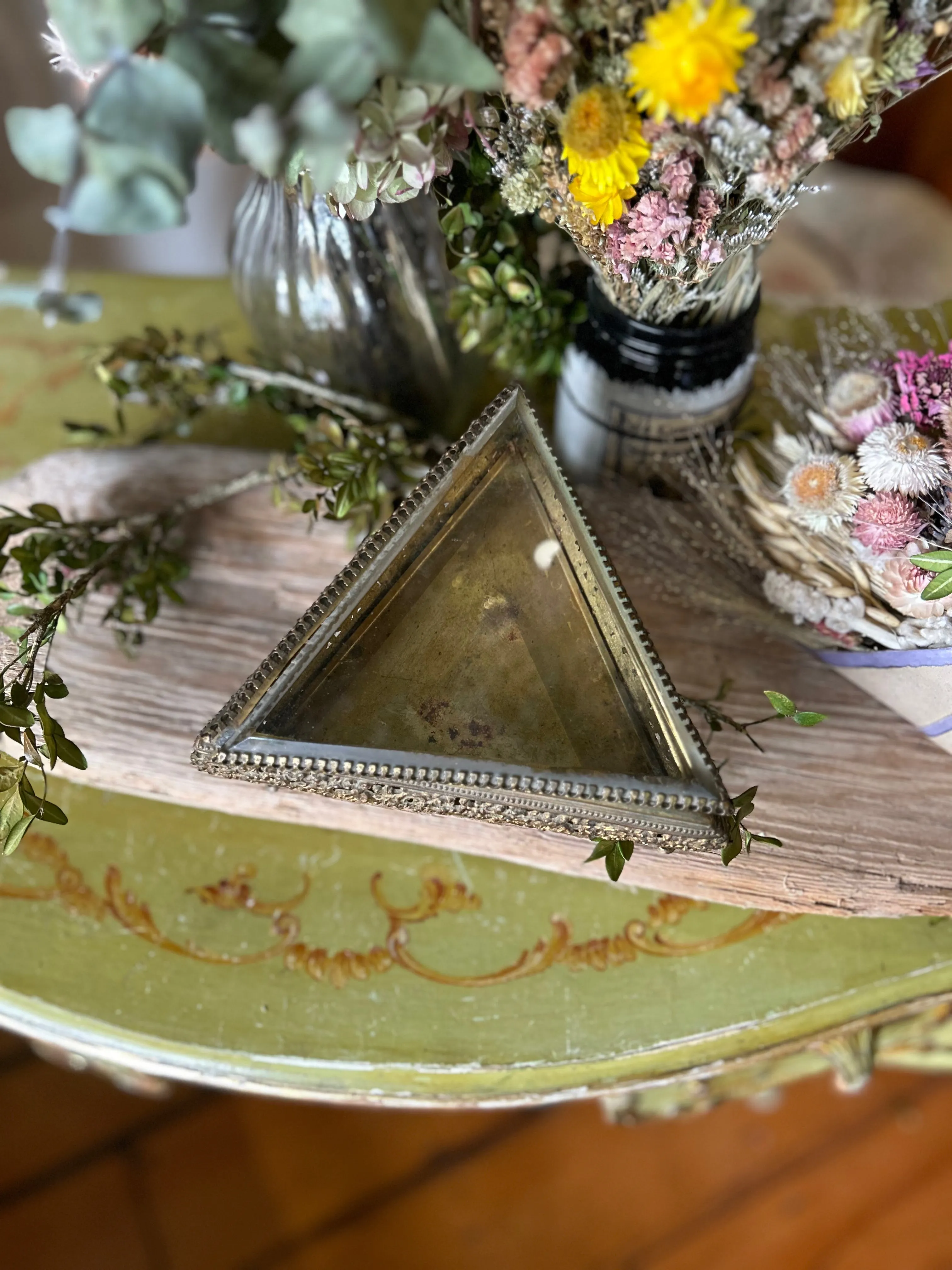 Antique Triangle Beveled Glass Rare Jewelry Box