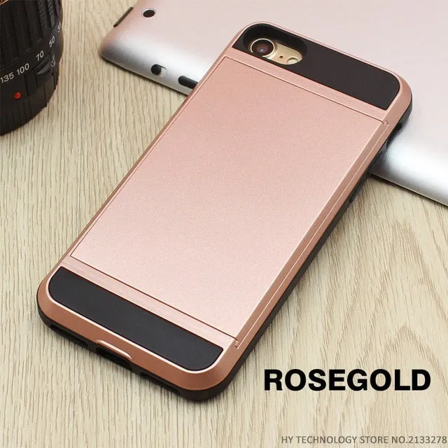 Armor Phone Cases for iPhone 5S SE 5 5C 6 S 6S 7 Plus Luxury Shell Silicone Plastic Credit Card Holder Slide Wallet Case Cover