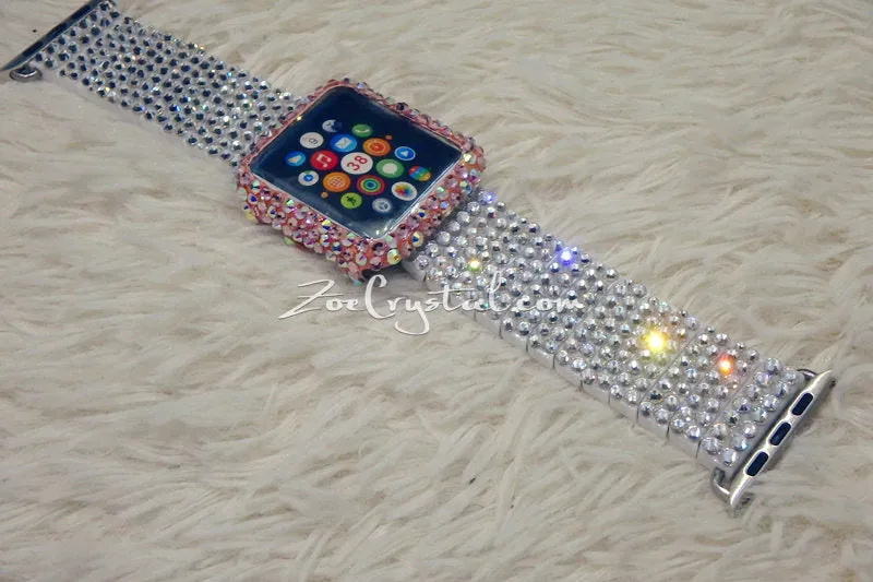 Bling Apple Watch Pink Mixed Ab Crystal Case/Protector/Cover with a Silver White Swarovski iWatch Band / Strap