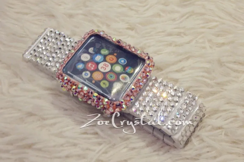 Bling Apple Watch Pink Mixed Ab Crystal Case/Protector/Cover with a Silver White Swarovski iWatch Band / Strap