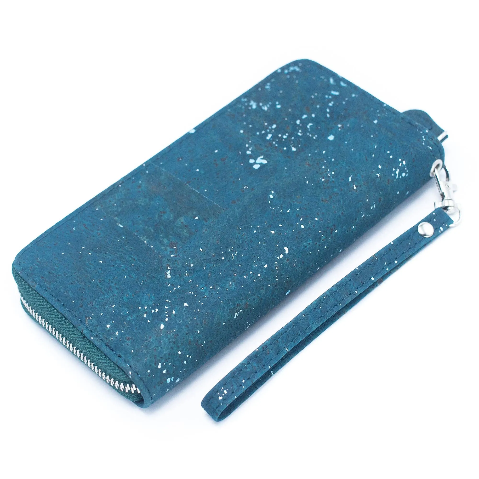 Blue mixed with silver accents women cork card wallet with hand strap BAG-2205