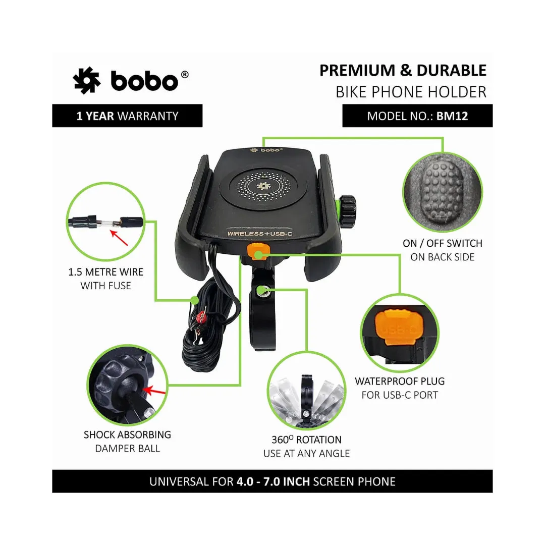 BOBO BM12 Bike Phone Holder (with Fast 15W Wireless Charger & USB-C Input/Output Port) Motorcycle Mobile Mount