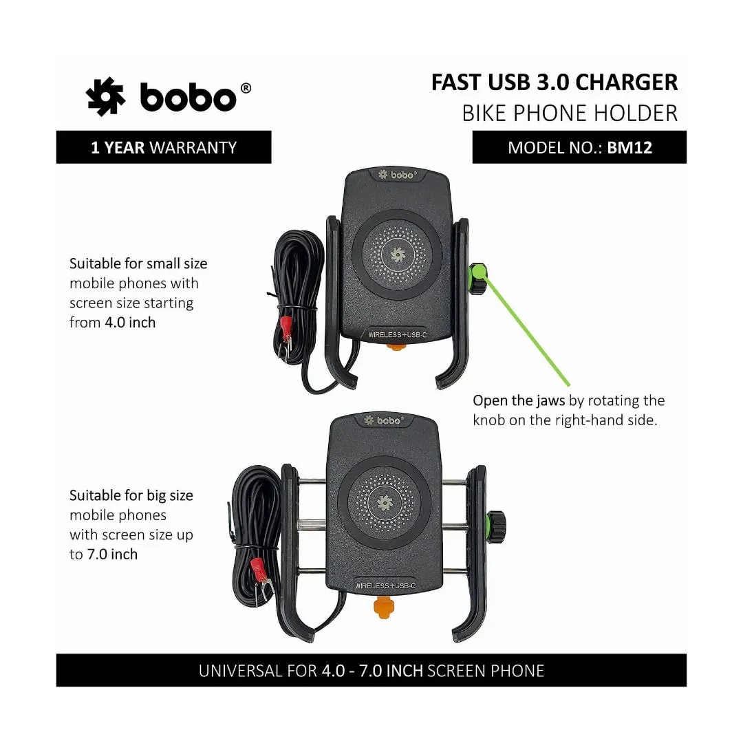 BOBO BM12 Bike Phone Holder (with Fast 15W Wireless Charger & USB-C Input/Output Port) Motorcycle Mobile Mount