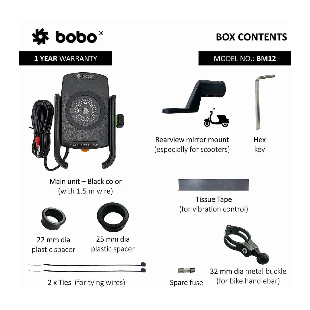 BOBO BM12 Bike Phone Holder (with Fast 15W Wireless Charger & USB-C Input/Output Port) Motorcycle Mobile Mount