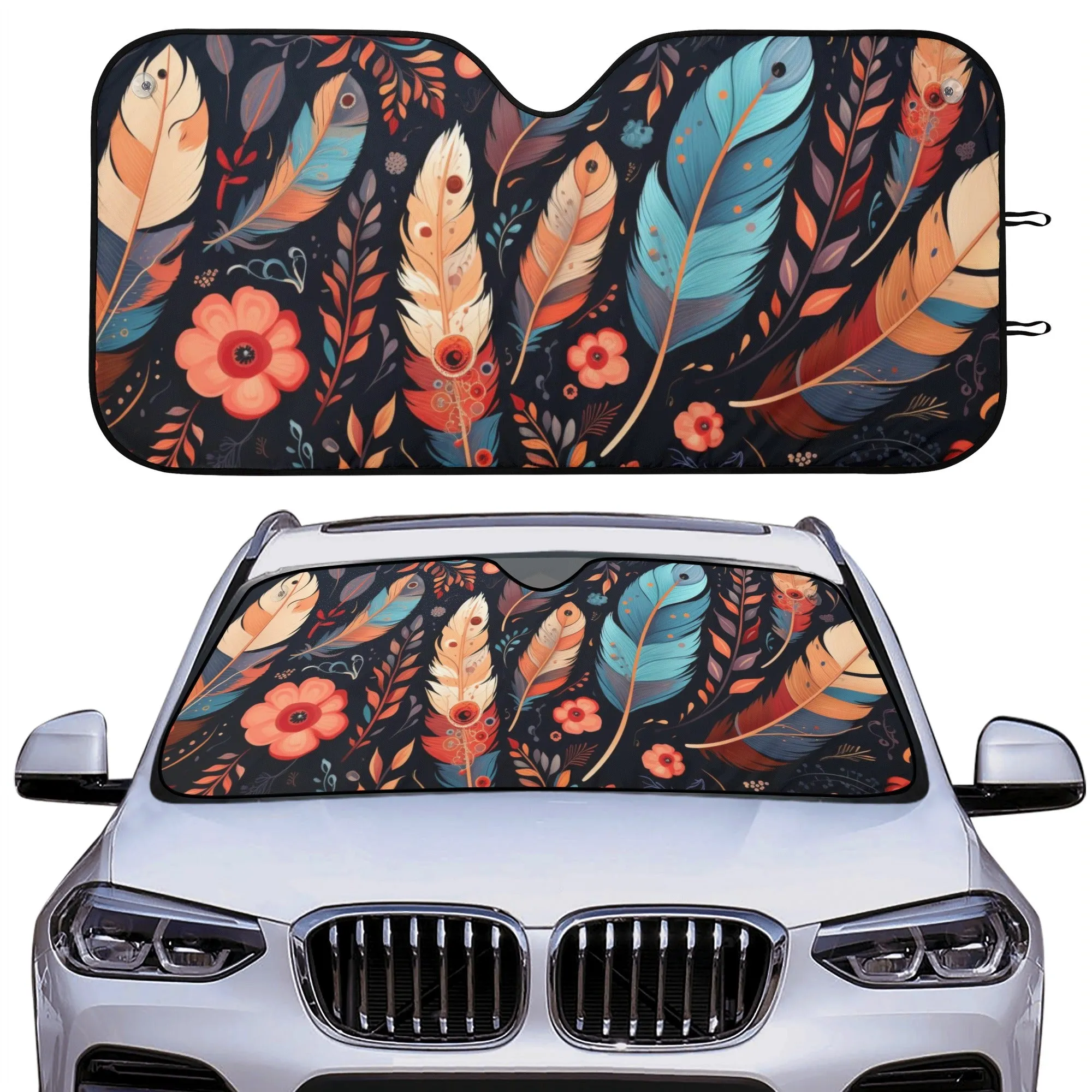 Boho Feathers Car Sun Shade, Bohemian Front Windshield Coverings Blocker Auto Protector Window Visor Screen Cover Shield Men Women SUV Truck