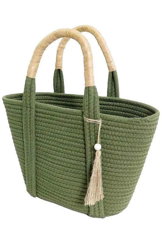 Boho Mode - Olive Tassel Braided Woven Beach Tote