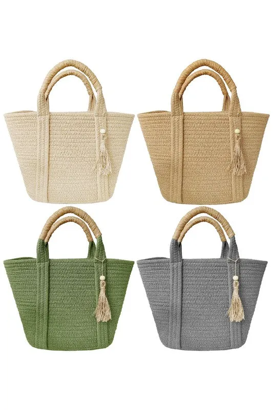 Boho Mode - Olive Tassel Braided Woven Beach Tote