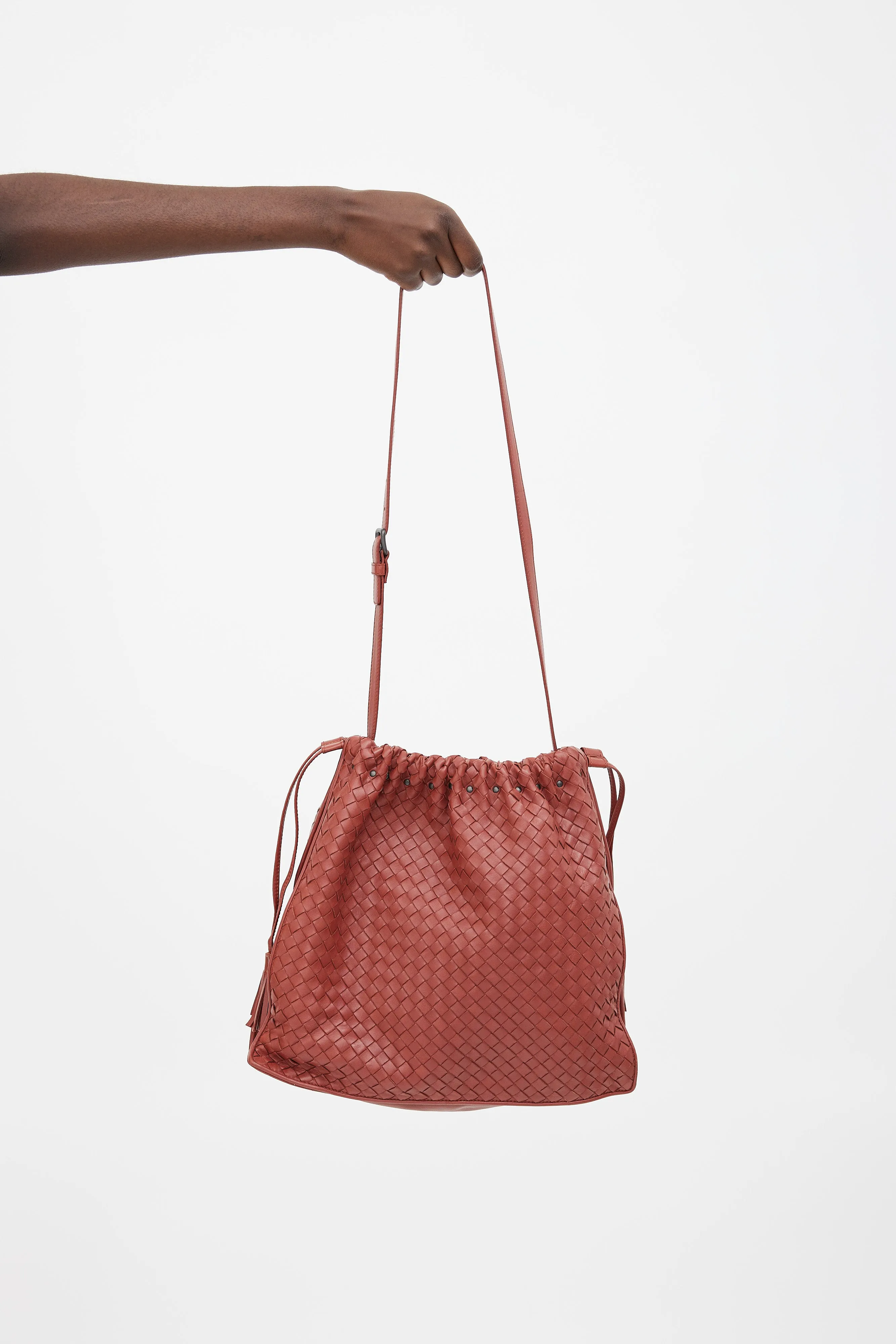 Brick Red Intrecciato Leather Drawstring Bag