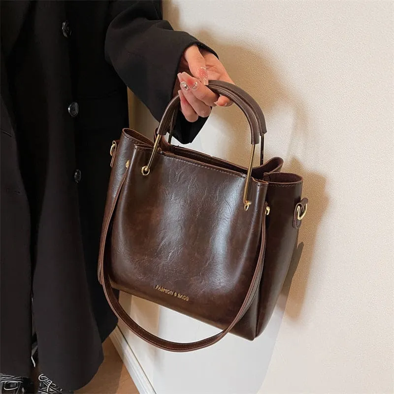 Brown Retro Large Capacity Tote Bag with Gold Hardware