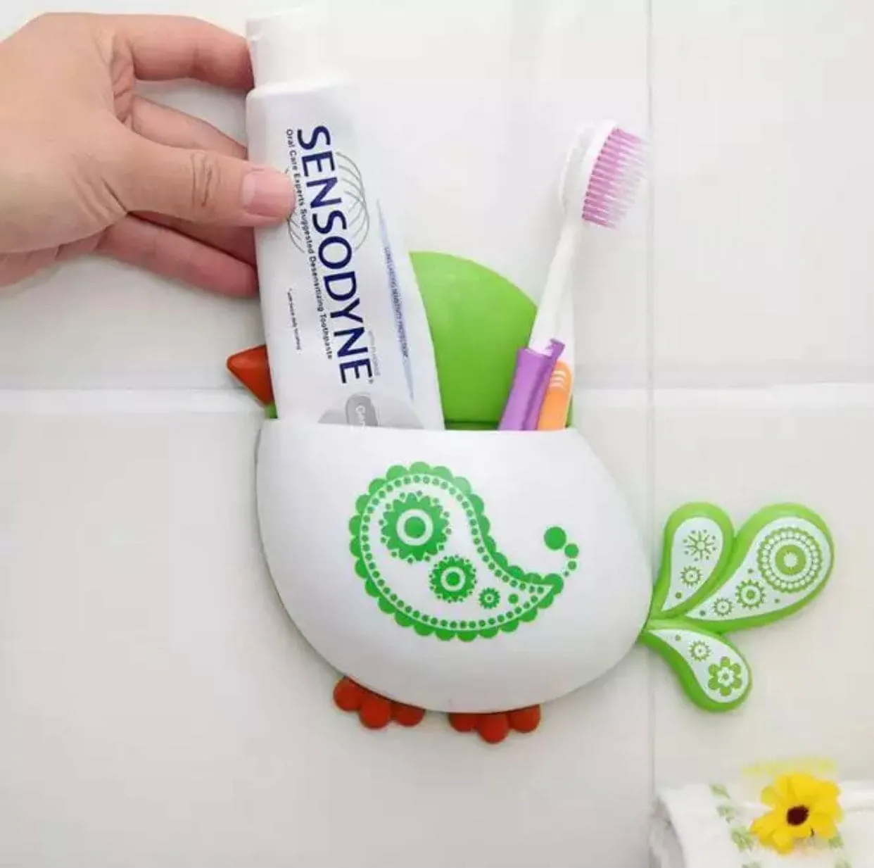 Cartoon Bird Pattern Suction Cup Tooth Brush Holder, Cute Cartoon Sucker Hook Toothbrush Holder, Wall Mounted Pen And Toothpaste Rack, Drain Free Comb Spoons Storage Box