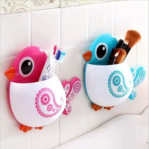 Cartoon Bird Pattern Suction Cup Tooth Brush Holder, Cute Cartoon Sucker Hook Toothbrush Holder, Wall Mounted Pen And Toothpaste Rack, Drain Free Comb Spoons Storage Box