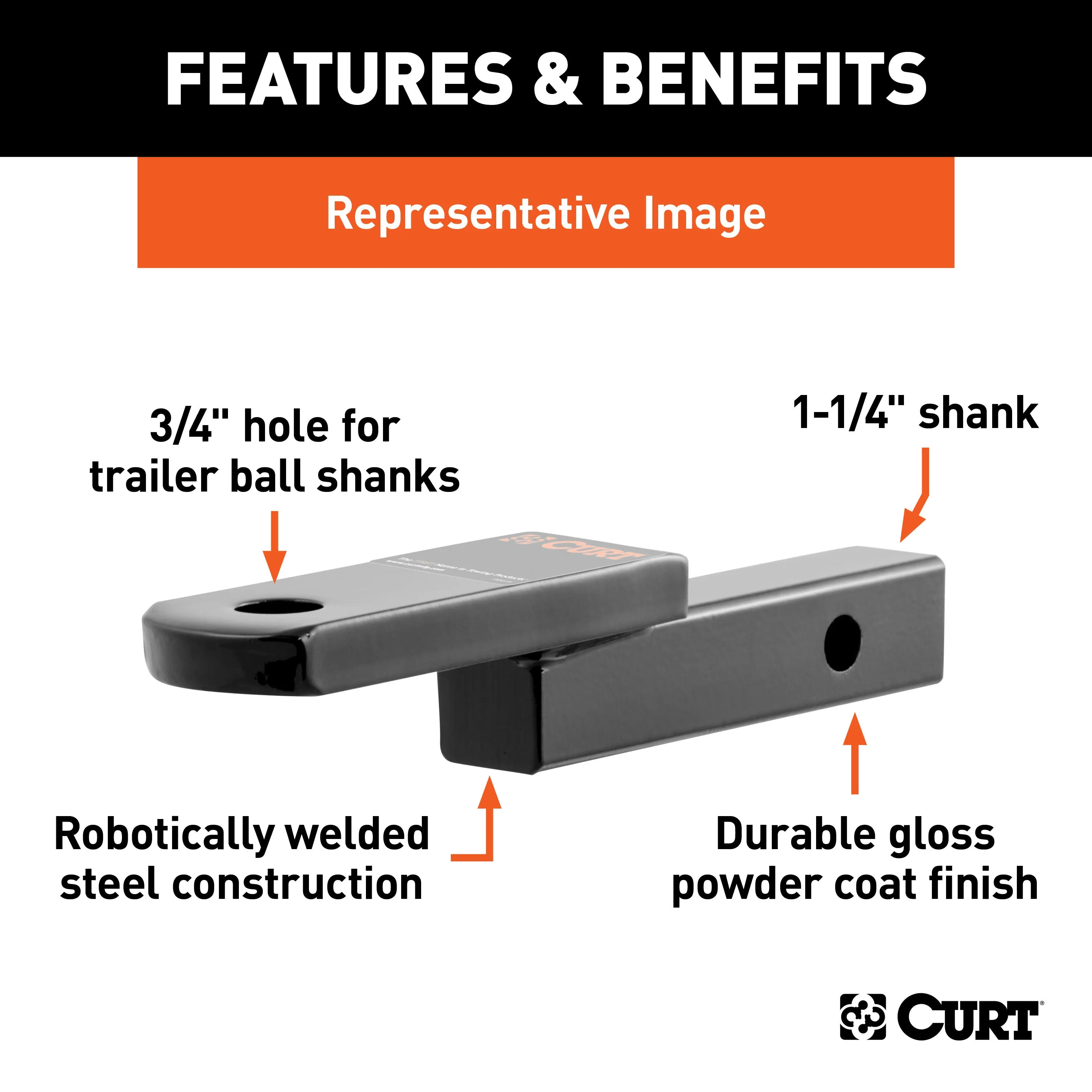 CURT 45519 Class 2 Ball Mount (1-1/4in. Shank; 3;500 lbs.; 1-1/4in. Rise; 9-3/4in. Long)