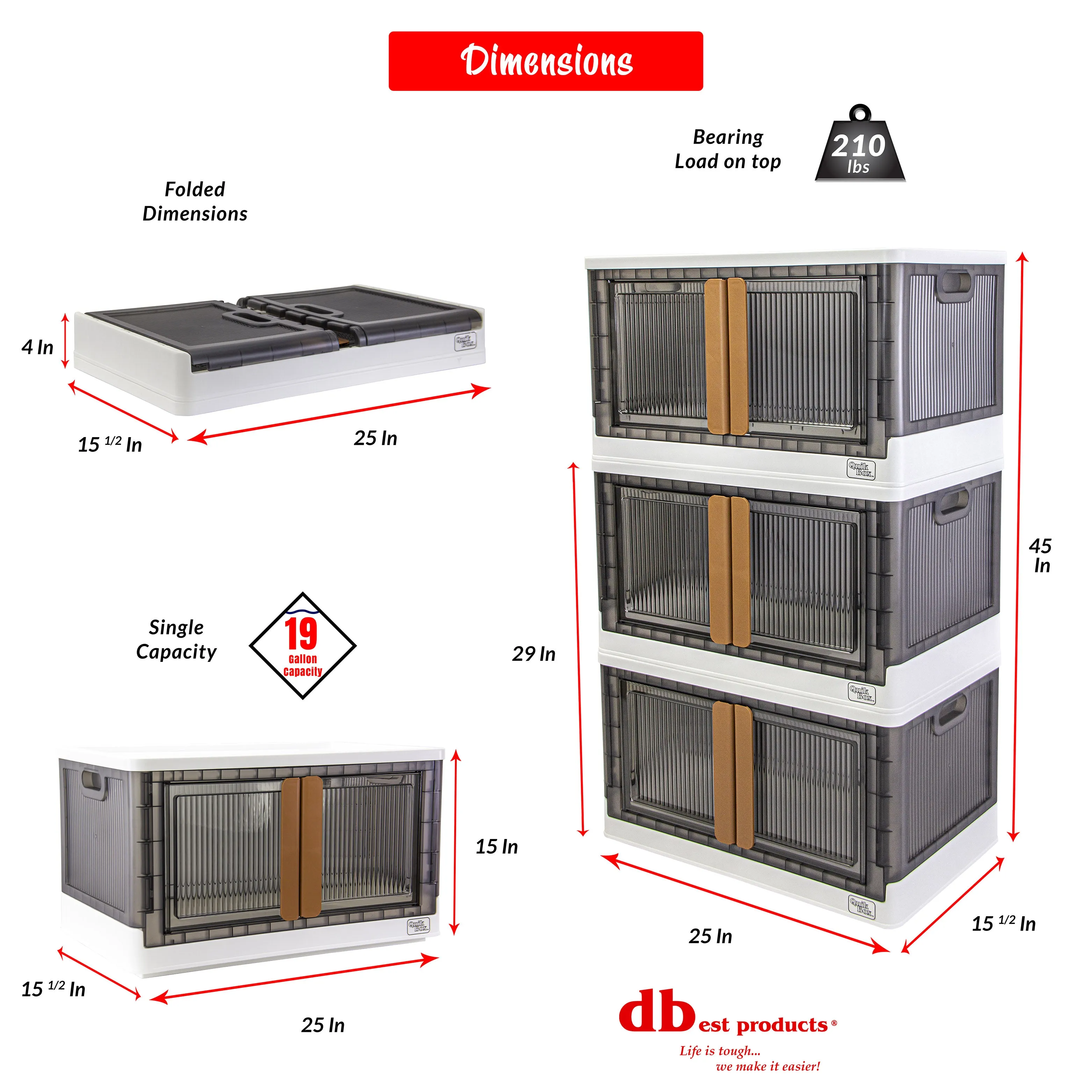 dbest products Quik Box - 19 Gallon  Stackable Storage Bins with Doors, Collapsible Organizer Foldable Container, for Bedroom Living Room Kitchen Neat, Tidy Dorms and Organized Homes, Boxes White