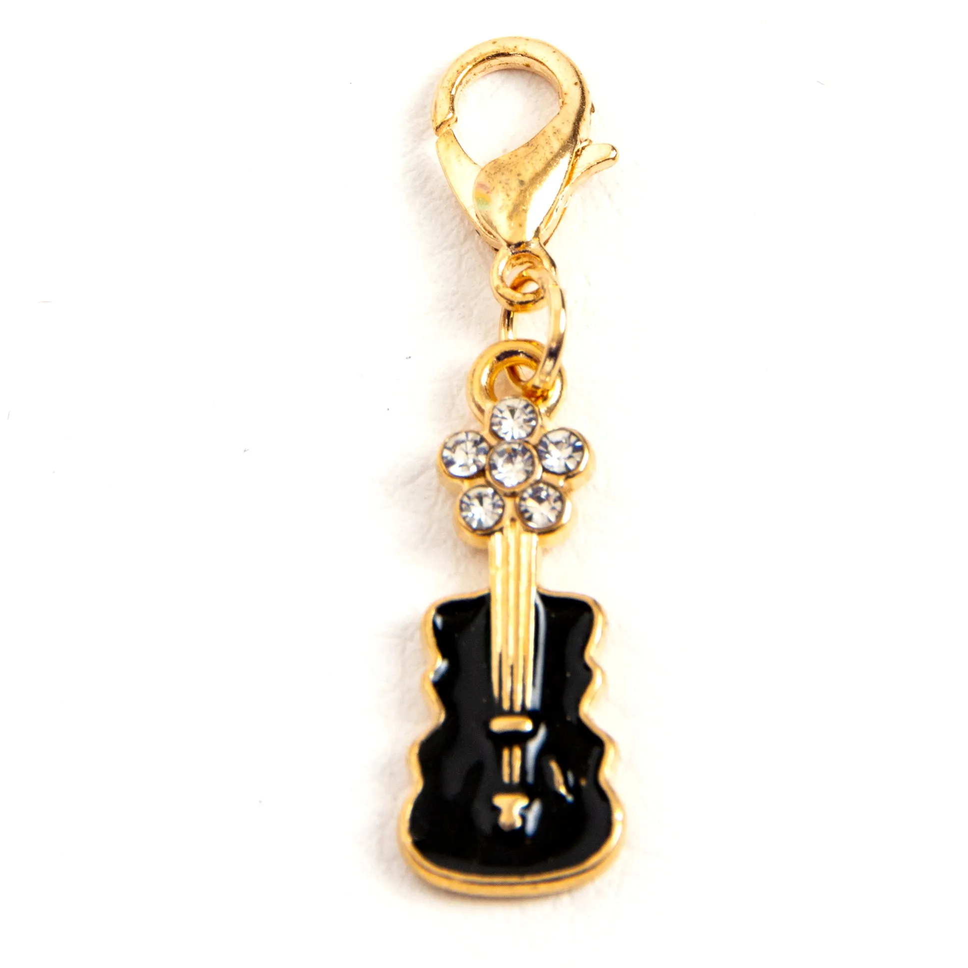 Enamel Violin Charm with Rhinestone Flower