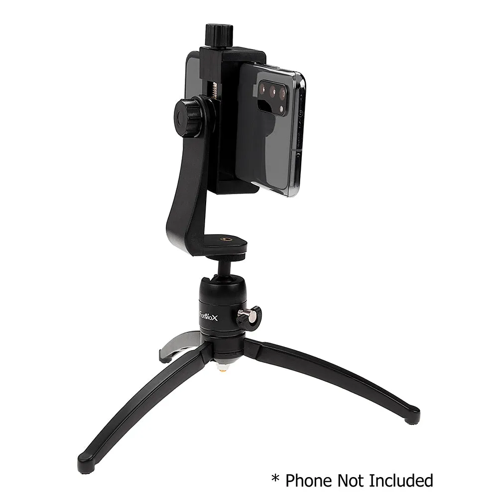 Fotodiox Cell Phone Tripod Mount Adapter Kit - Universal Phone 1/4" Tripod Mount Clamp for Smartphones with Fotodiox Pro Mini Tabletop Ballhead Tripod, Vertical Horizontal Adjustable Clamp 2.2-4" Wide