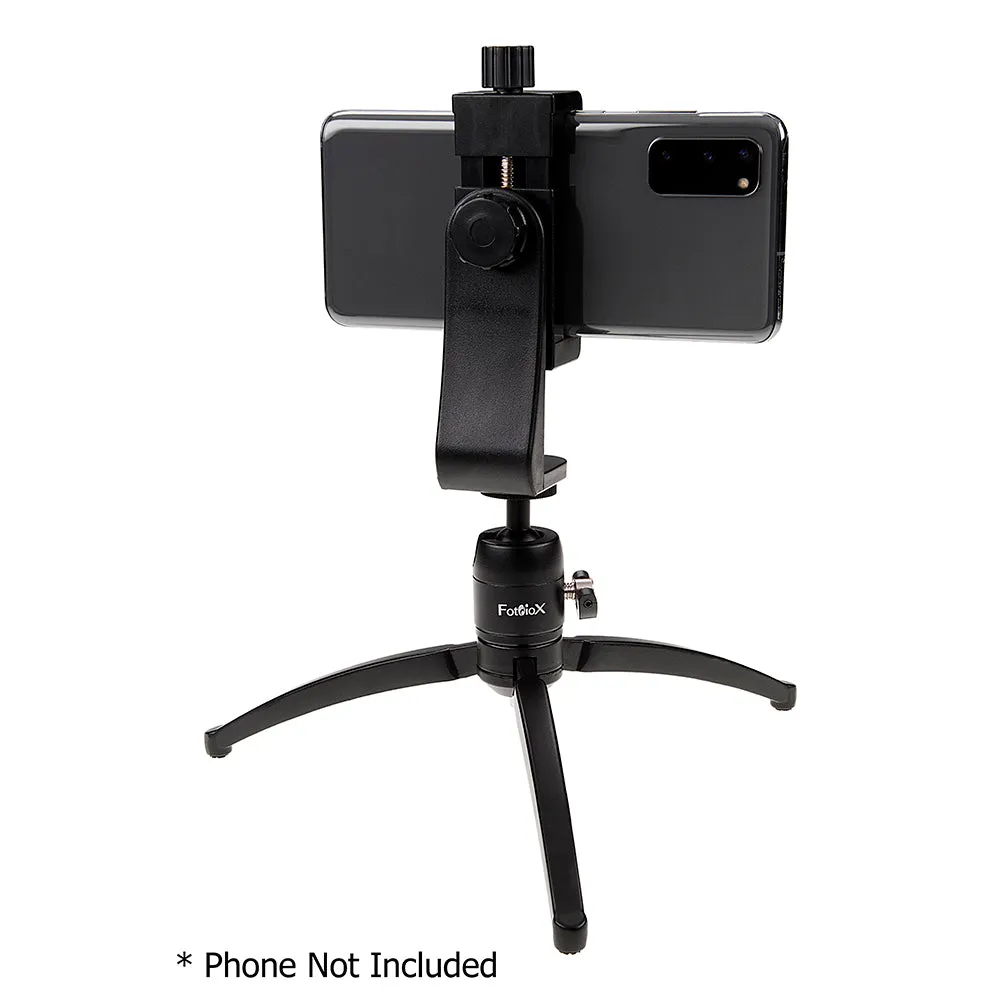 Fotodiox Cell Phone Tripod Mount Adapter Kit - Universal Phone 1/4" Tripod Mount Clamp for Smartphones with Fotodiox Pro Mini Tabletop Ballhead Tripod, Vertical Horizontal Adjustable Clamp 2.2-4" Wide