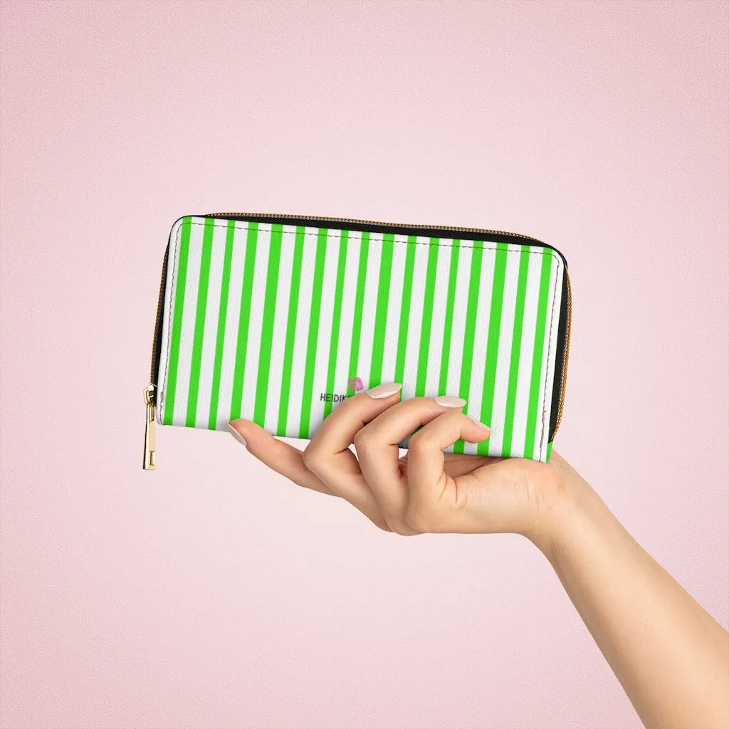 Green Striped Print Zipper Wallet, Vertical Stripes Long Compact Designer Premium Quality Women's Wallet