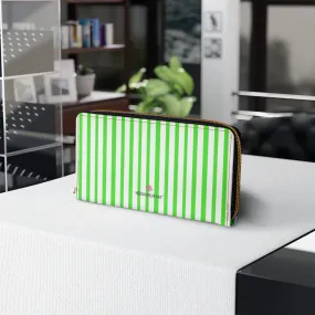 Green Striped Print Zipper Wallet, Vertical Stripes Long Compact Designer Premium Quality Women's Wallet