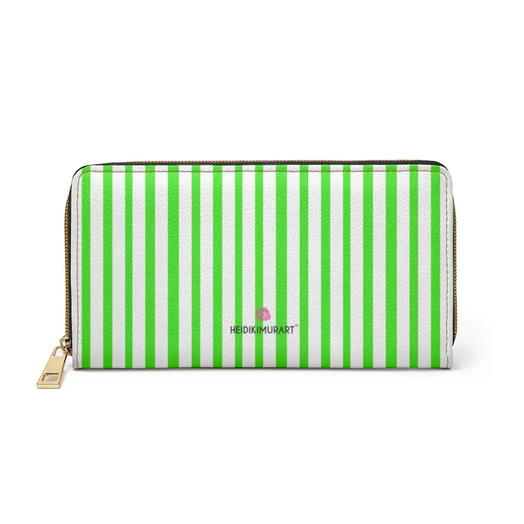 Green Striped Print Zipper Wallet, Vertical Stripes Long Compact Designer Premium Quality Women's Wallet