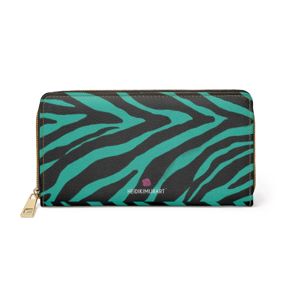 Green Zebra Print Zipper Wallet, Best Zebra Striped Animal Print Gold Color Zipper Wallet For Women