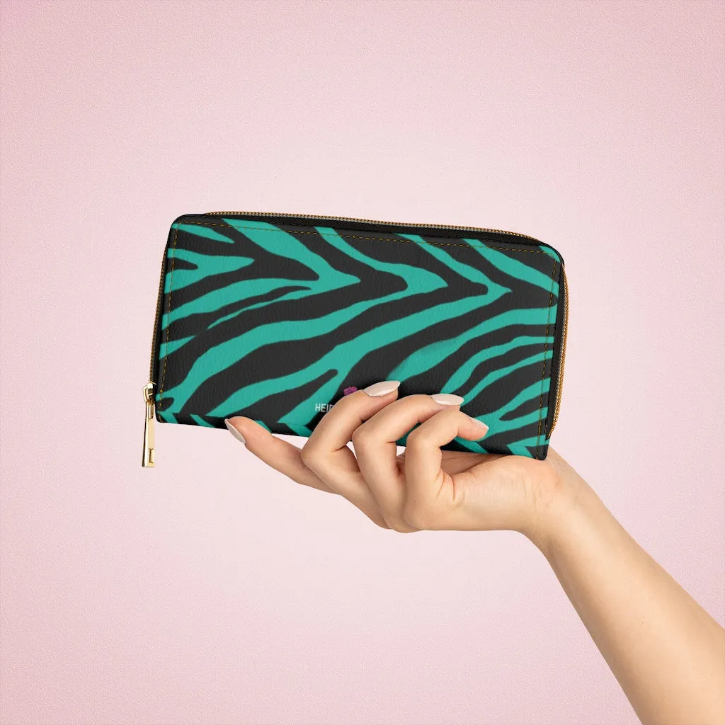 Green Zebra Print Zipper Wallet, Best Zebra Striped Animal Print Gold Color Zipper Wallet For Women