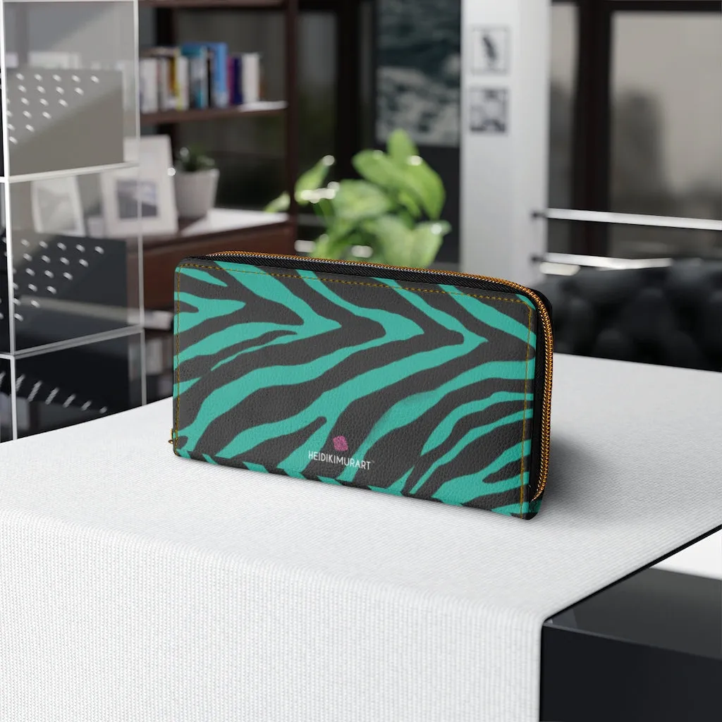 Green Zebra Print Zipper Wallet, Best Zebra Striped Animal Print Gold Color Zipper Wallet For Women