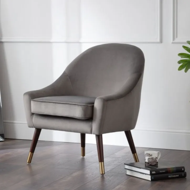 Grey Velvet Armchair with Oak Legs