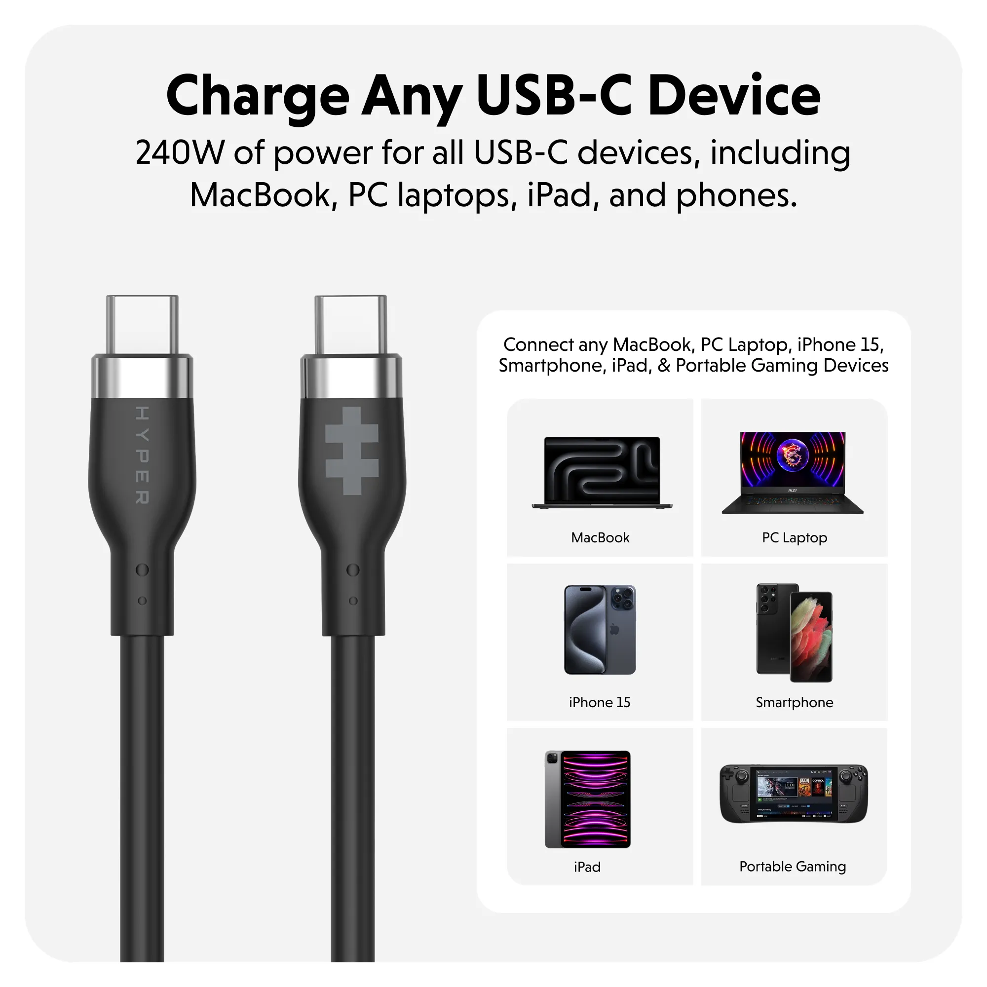 HyperJuice 240W Silicone USB-C to USB-C Cable (3ft/1m) - Black