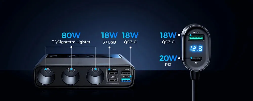 Joyroom 154W Car Charger Adapter 9 in 1 PD 3 Socket Cigarette Lighter Splitter Charge Independent Switches DC Cigarette Outlet