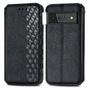 Leather case with a stylish rhombus imprint for Google Pixel 6 - Black