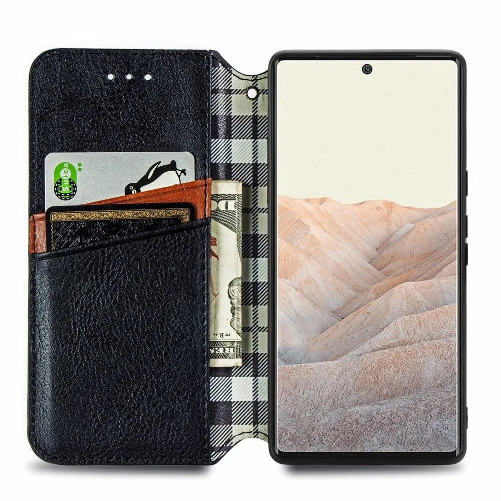 Leather case with a stylish rhombus imprint for Google Pixel 6 - Black