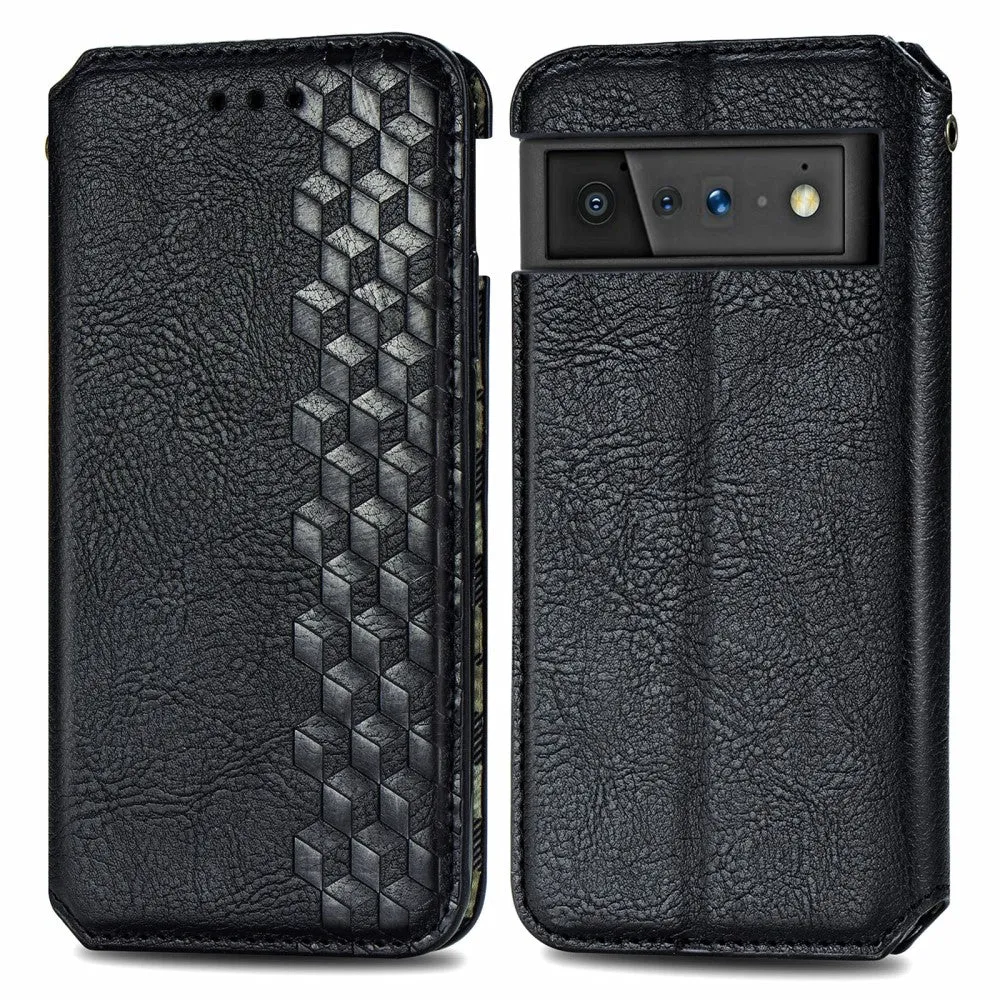 Leather case with a stylish rhombus imprint for Google Pixel 6 - Black